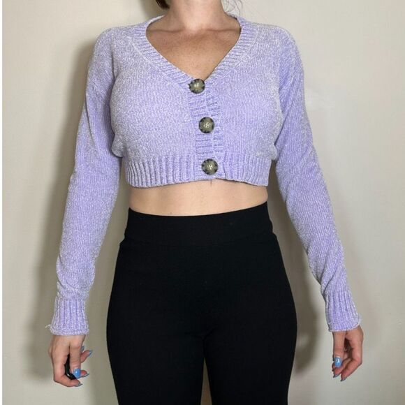 Urban Outfitters Sweaters - Urban Outfitters Purple Fuzzy Cropped Sweater Large Buttons Size Small